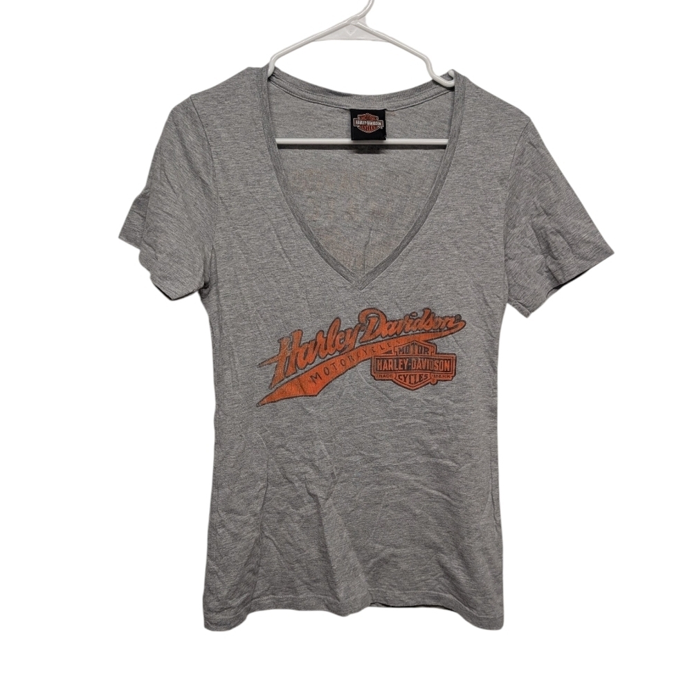 HARLEY-DAVIDSON Jamaica '03 Gray V-Neck T-Shirt Orange Logo (Women's Large)